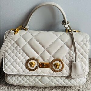 Versace Cream Quilted Shoulder Bag with Gold Accents
